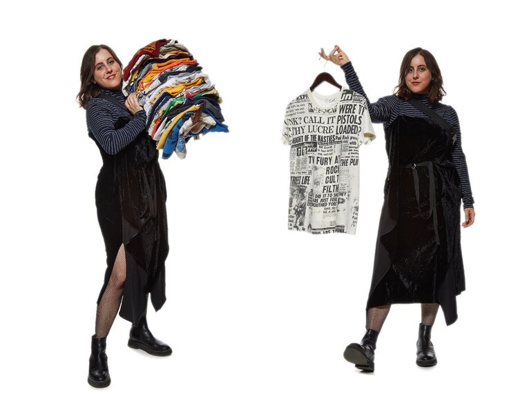 Paige Rubin (@paigerubin) holds a stack of clothes (left) and a Galliano era Dior top (right). Image  Via