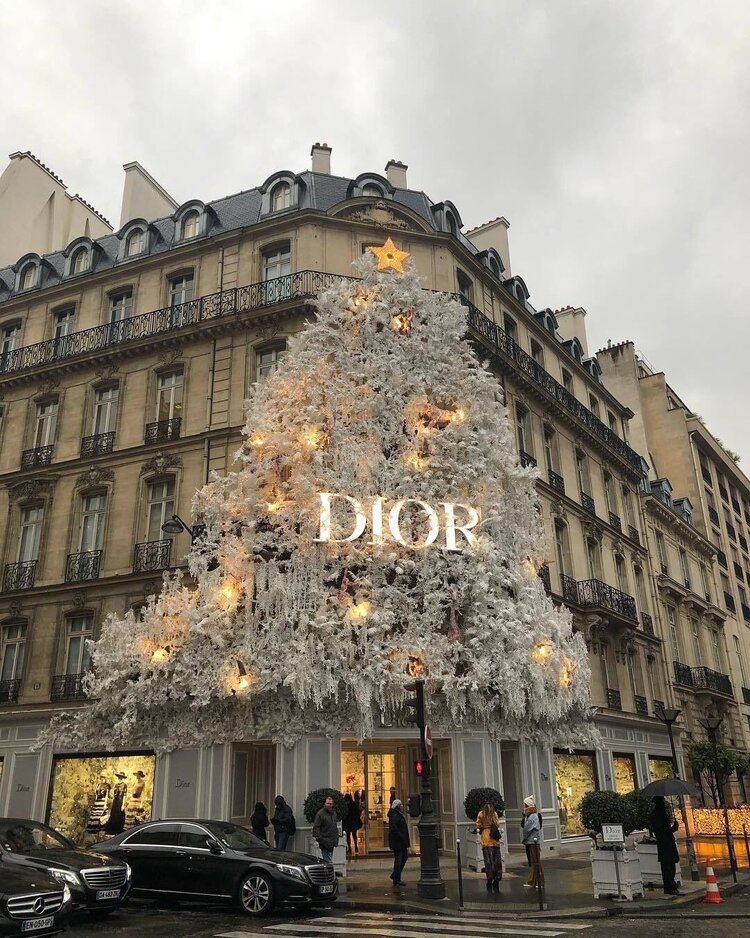 Pedestrians pass under the frosted limbs of Dior’s Christmas installation in Paris. Image  Via